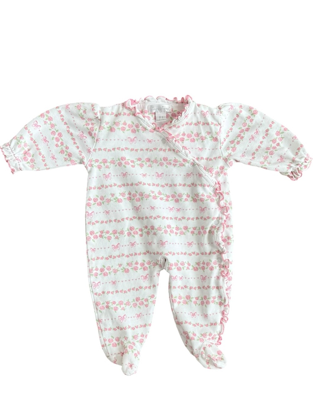 Kissy Kissy Baby Long Sleeve White  Pink Pima Cotton Floral Footie. 0-3 Months.